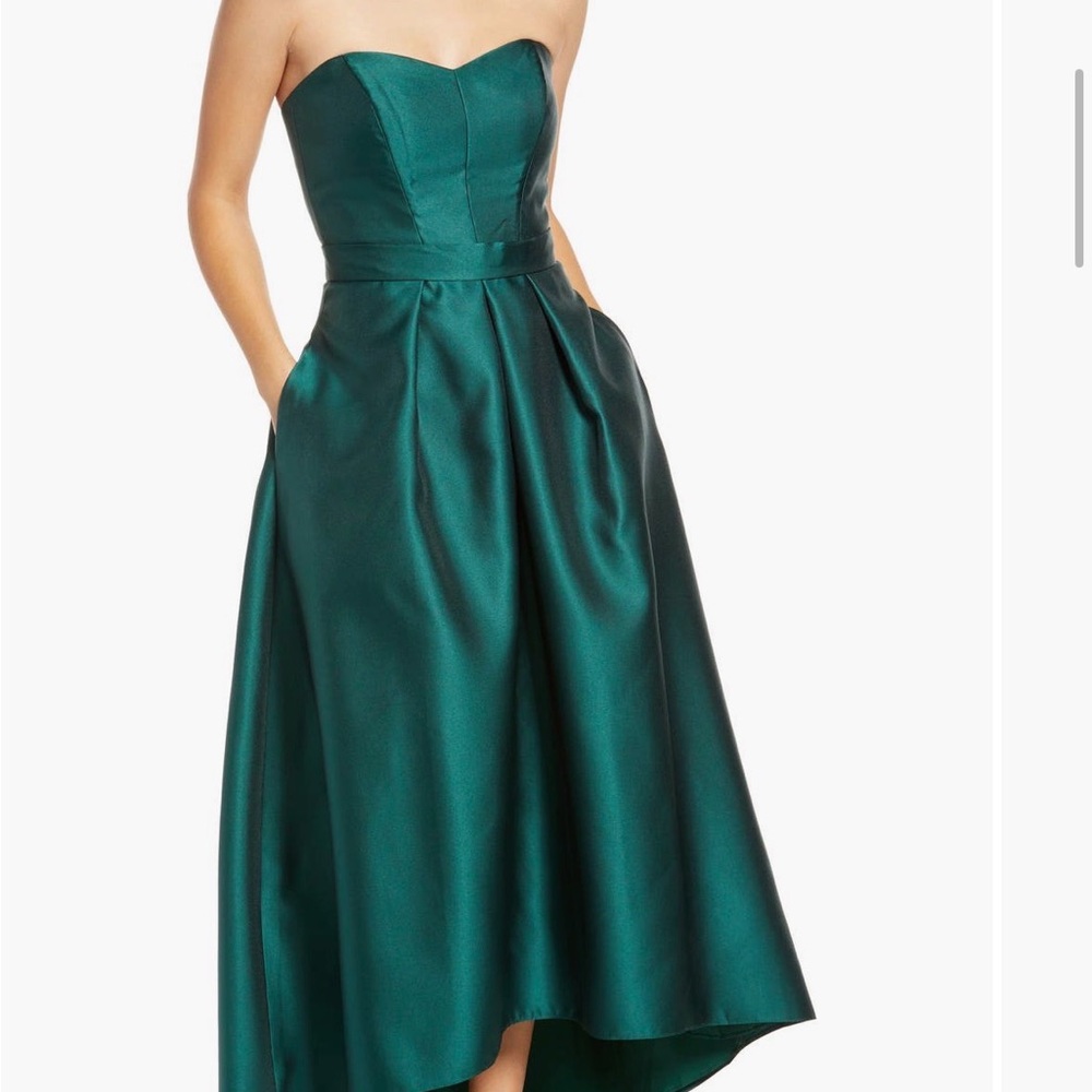 ALFRED SUNG Teal Satin High-Low Strapless Gown